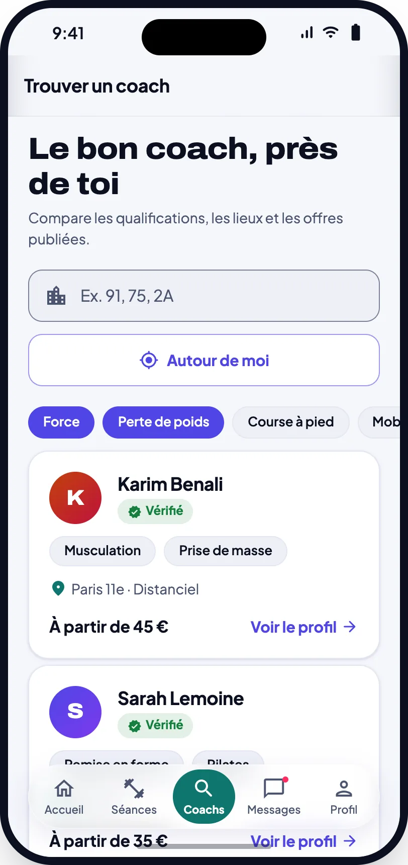 Écran Trouver un coach : recherche par ville et profils vérifiés