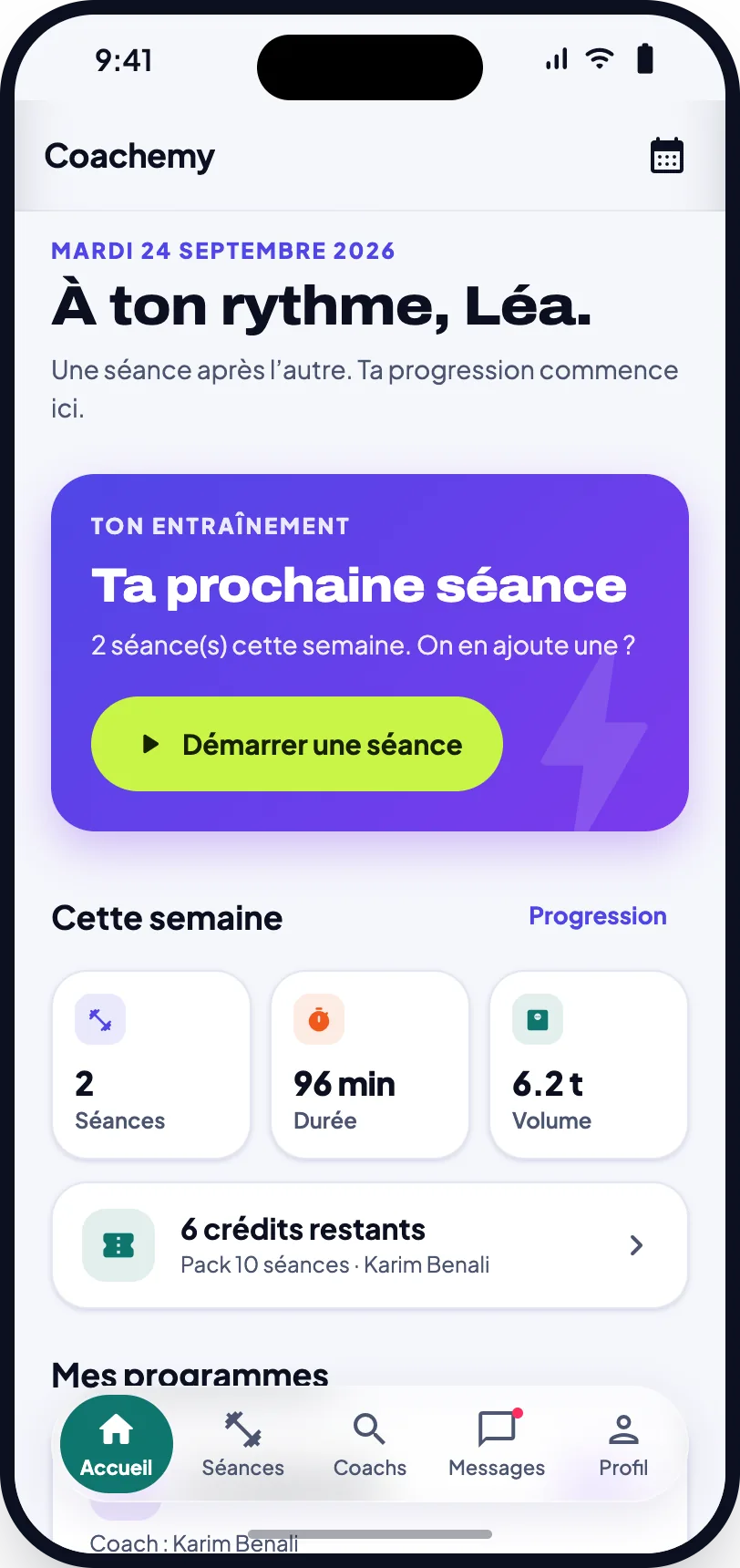 Accueil du sportif dans l’app Coachemy : prochaine séance, séances de la semaine et crédits restants