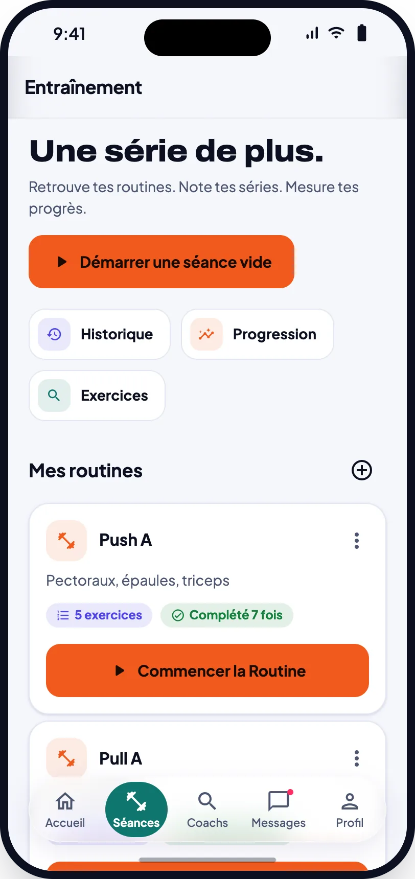 Écran Entraînement de l’app Coachemy