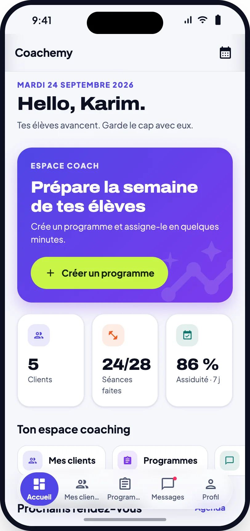 Accueil du coach dans l’app Coachemy : clients, séances de la semaine et assiduité