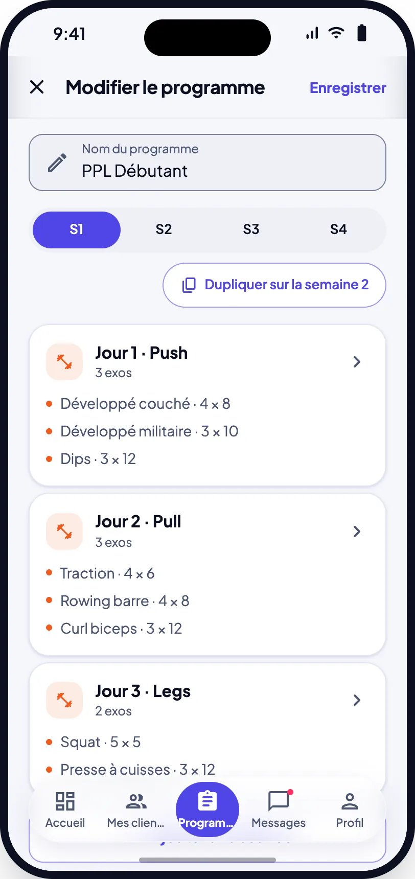 Éditeur de programme : jours Push, Pull et Legs