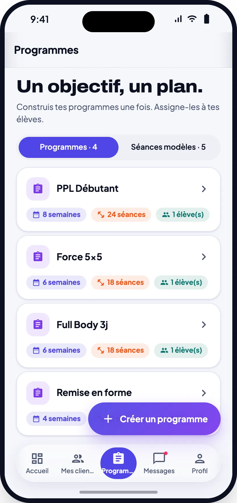 Liste des programmes du coach