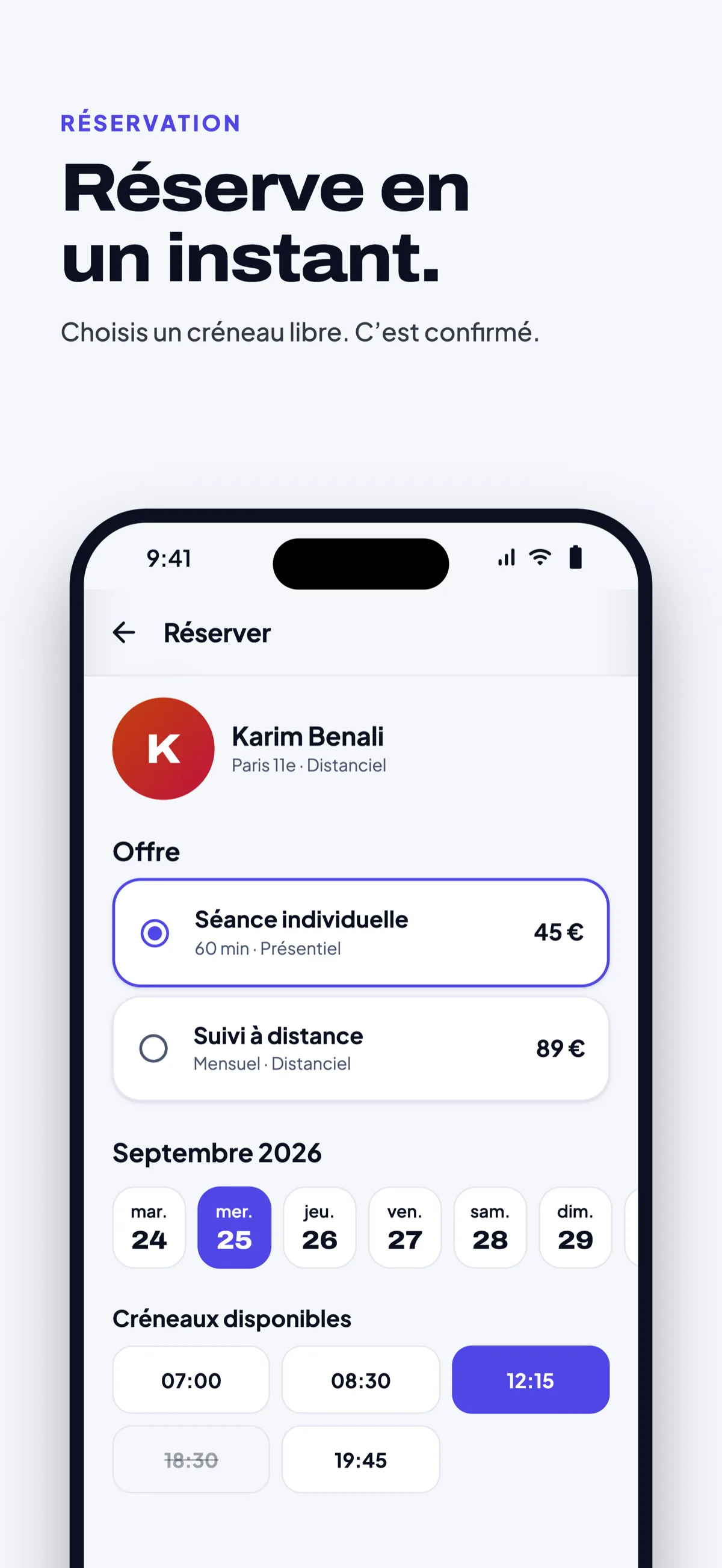 Réserve en un instant : choix de l’offre, du jour et du créneau chez un coach
