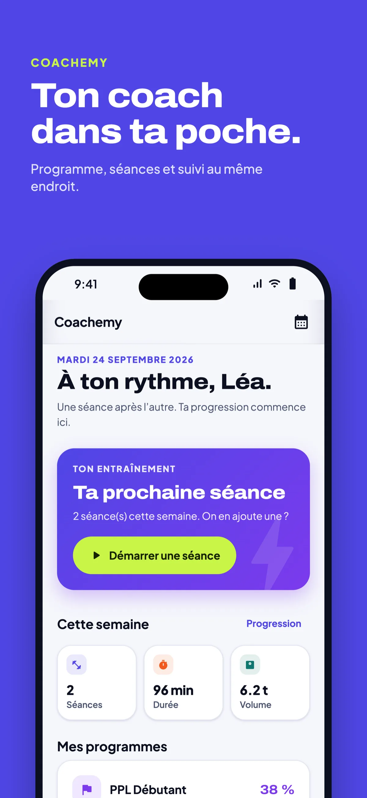 Ton coach dans ta poche : accueil du sportif avec la prochaine séance et le résumé de la semaine