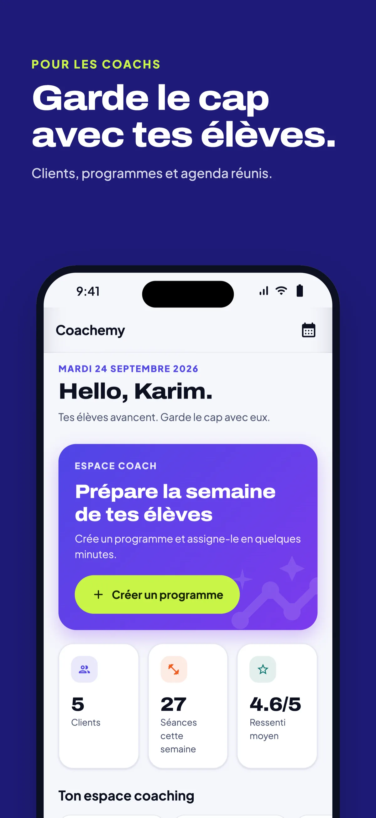 Garde le cap avec tes élèves : accueil du coach avec clients, séances et ressenti moyen